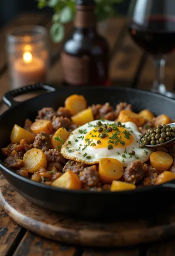 Pyttipanna con alcaparras y huevo estrellado servido en plato oscuro