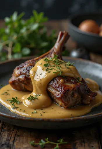 Liebre asada con salsa de mostaza servida elegantemente