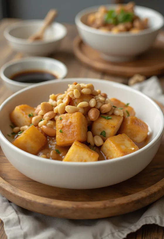 Tofu frito en marinada de cacahuate servido