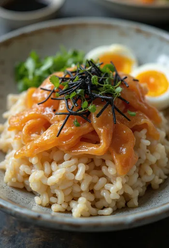 Sundae de pescado seco, platillo japonés con huevo fresco, pescado seco y ajonjolí