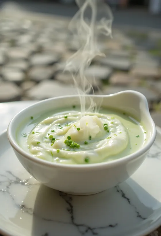 Salsa cremosa de albahaca servida