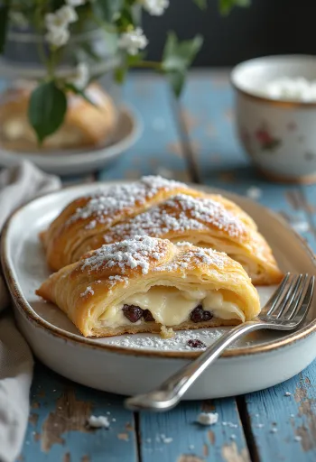 Strudel de requesón horneado a un dorado perfecto, espolvoreado con azúcar glass