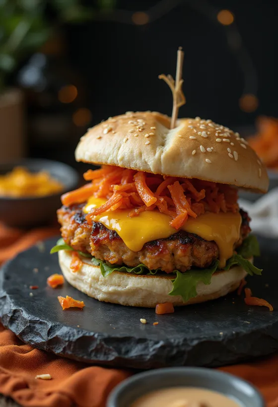 Hamburguesa de pollo fusión recién hecha con kimchi, chutney de mango y salsa hoisin