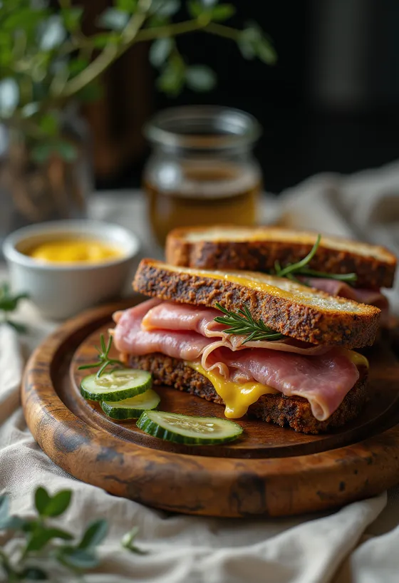 Sándwich de carne ahumada servido con pan crujiente y queso derretido