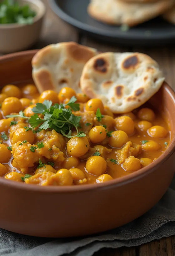 Curry de garbanzos especiados servido con arroz y cilantro