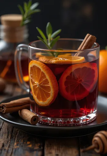 Vino caliente especiado servido en vaso