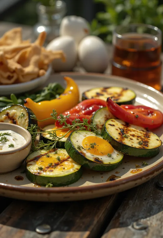 Selección colorida de verduras a la parrilla espolvoreadas con especias frescas.