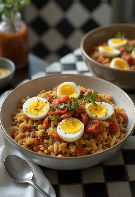 Koshari con huevo, platillo egipcio de arroz, lentejas y macarrones, en rica salsa de tomate