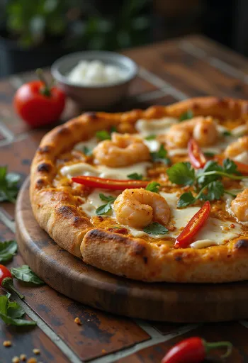 Pizza Laksa con especias malayas y camarones