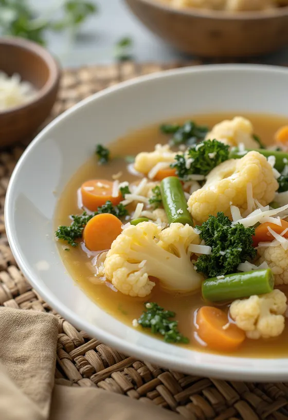 Minestrone con coliflor, servido con verduras frescas