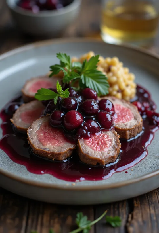 Avestruz asado con salsa de frutos rojos servido en un plato con guarnición
