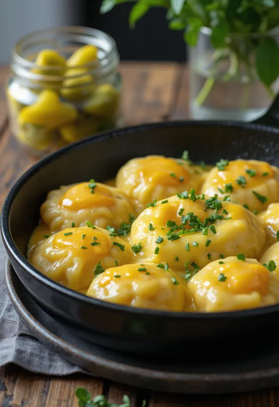 Nokedli con huevo espolvoreado con perejil fresco, servido con encurtidos caseros.