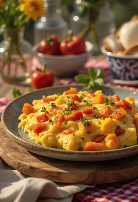 Welsh rarebit con pimiento servido, en salsa de queso, sobre pan tostado, con trozos de pimiento fresco