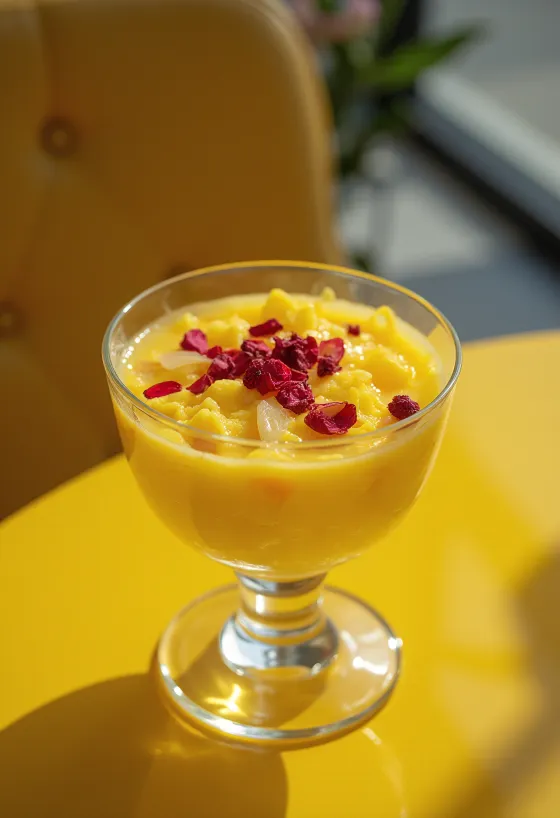 Zerde con agua de rosas y azafrán, con almendras y pétalos de rosa