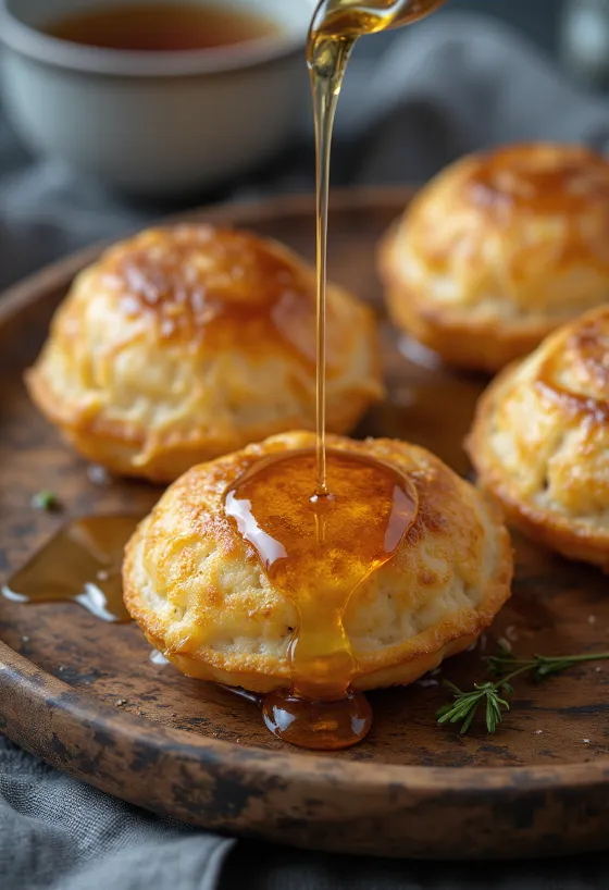 Æbleskiver endulzados con miel, buñuelos frescos y suaves servidos