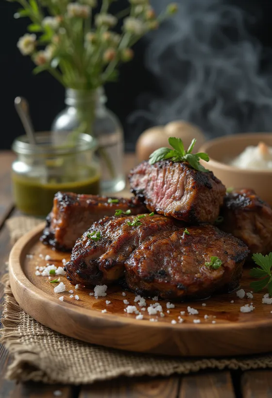 Asado servido con verduras asadas y salsa chimichurri