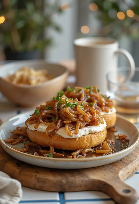 Bagel con cebolla y queso crema, decorado con perejil fresco