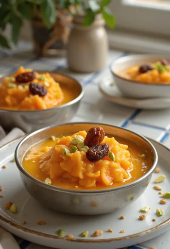 Payasam de zanahoria, decorado con pistache fresco y pasas