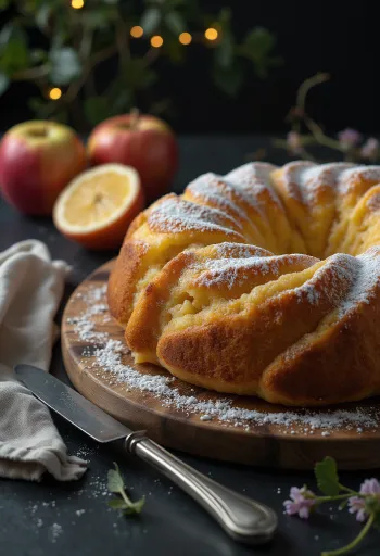 Kuglóf de limón y manzana servido
