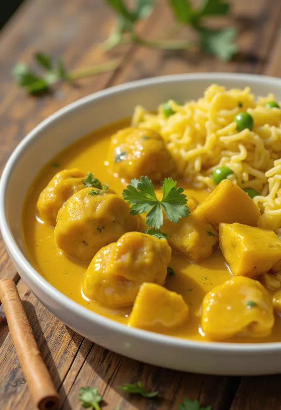 Curry de pollo servido con arroz especiado