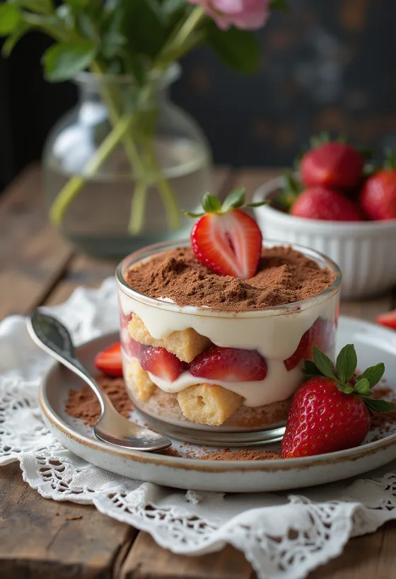 Tiramisú de fresa en capas con soletas y crema de mascarpone, decorado con fresas frescas