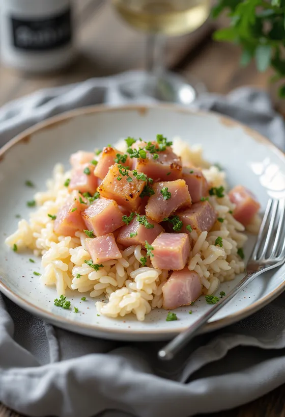 Jamón ahumado con arroz al vapor servido