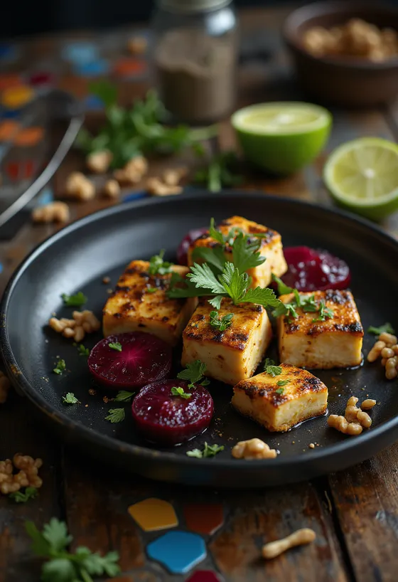 Tofu especiado al limón con ensalada de betabel