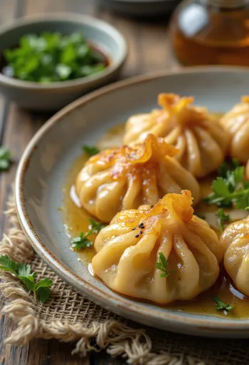 Gyoza con garbanzos, pasta rellena japonesa decorada con cilantro fresco