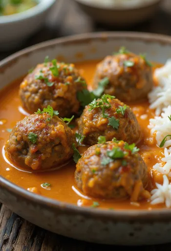 Curry de koftas de cordero servido con cilantro fresco