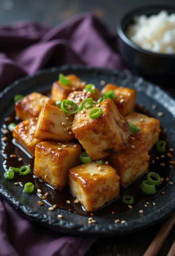 Tofu frito en marinada de soya servido