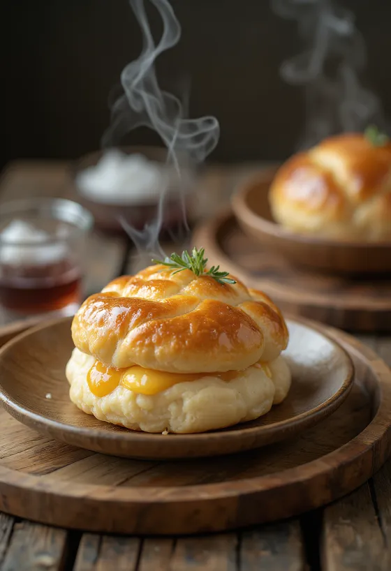 Bao buns de mazapán y vino Tokaji servidos