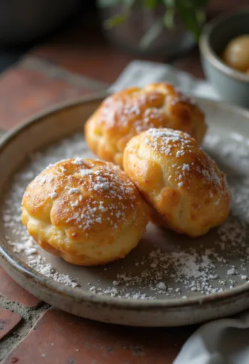 Æbleskiver con cardamomo, espolvoreado con azúcar glas
