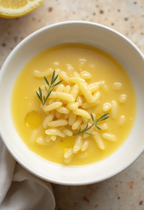 Sopa Avgolemono con pasta orzo, decorada con limón y perejil