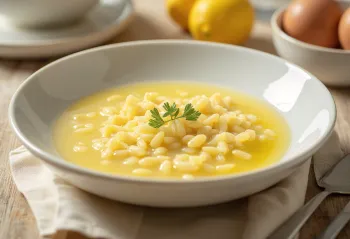 Sopa Avgolemono con pasta orzo, decorada con limón y perejil