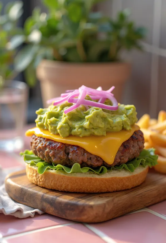 Hamburguesa de aguacate con carne jugosa y crema de aguacate fresca