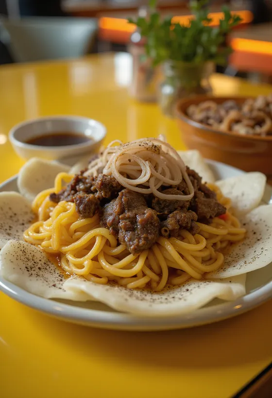 Beshbarmak con pasta, rico plato de carne servido con cebolla frita