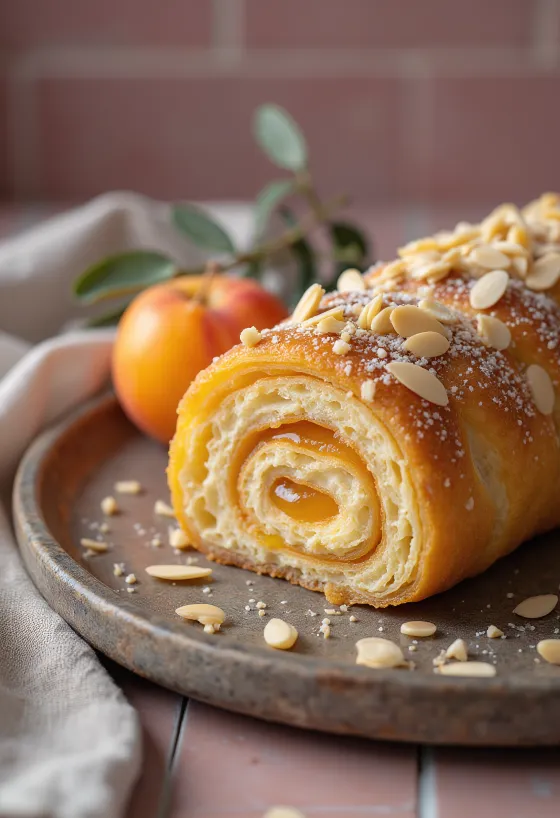 Bolo de Rolo con almendra, rebanadas rellenas de mermelada de chabacano y almendra