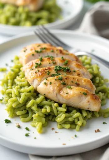 Pechuga de pollo con arroz al pesto servida