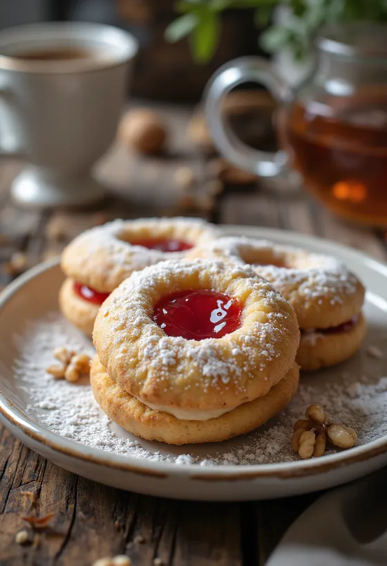 Galletas Linzer de nuez con azúcar glass y relleno de mermelada