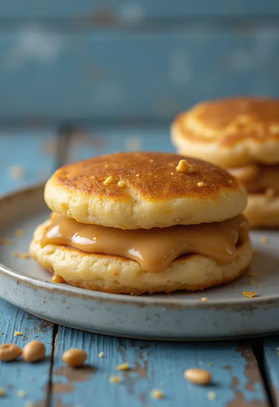 Dorayaki con crema de cacahuate, panqueque fresco relleno de crema de cacahuate, textura fina