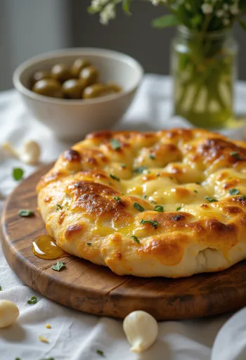 Focaccia de queso ahumado al ajo servida