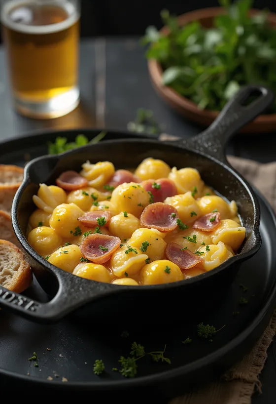 Jamón ahumado con nokedli con huevo servido