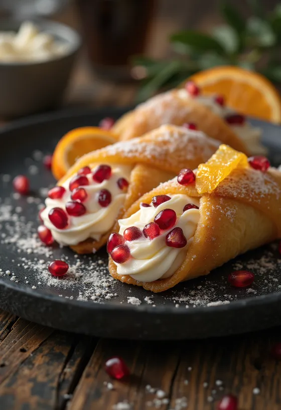 Cannolis con mazapán y granada servidos