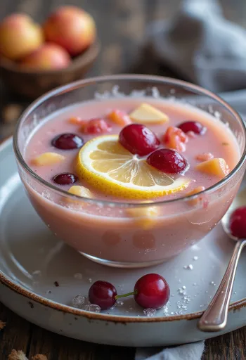 Sopa de frutas refrescante y cremosa, servida con trozos de fruta fresca