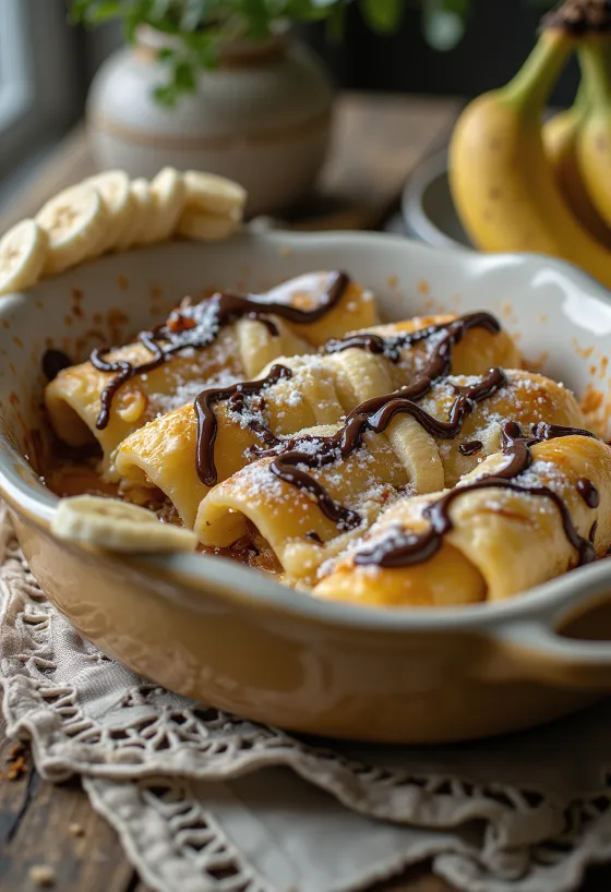 Cannelloni dulce de plátano y crema de avellanas servido