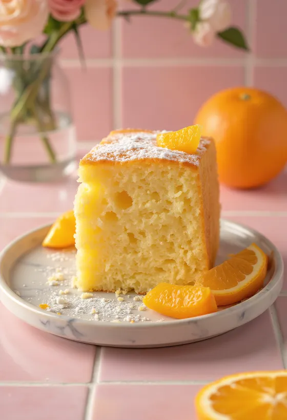 Pastel esponjoso de naranja rebanado y servido con crema batida