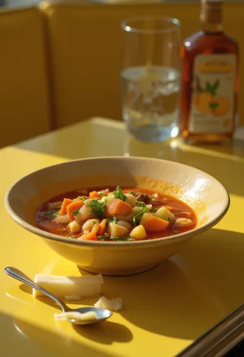 Sopa de verduras italiana fresca servida, adornada con verduras y especias.