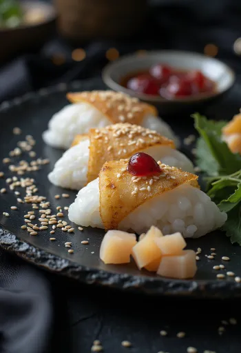 Omusubi con umeboshi, bola de arroz japonesa con ciruela encurtida y láminas de alga nori.