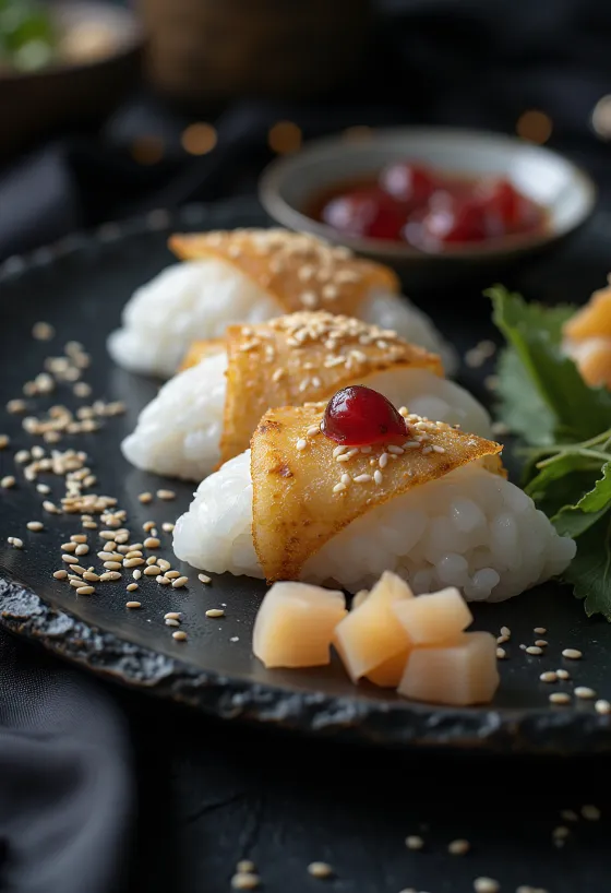Omusubi con umeboshi, bola de arroz japonesa con ciruela encurtida y láminas de alga nori.