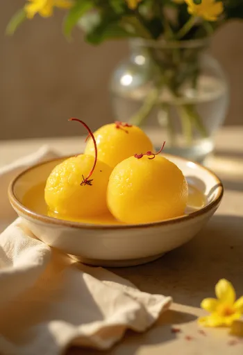 Rasgulla Kamalabhog, servido con jarabe de agua de rosas